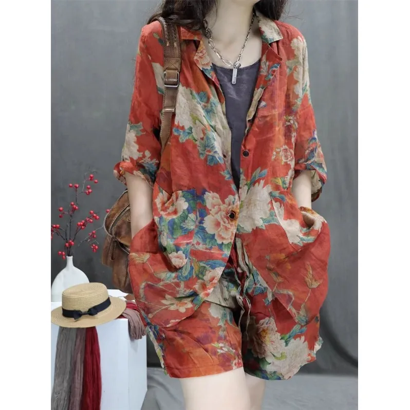 Ele Lightweight Hemp Print Vintage Loose Women's Suit Set Faionable Drifting Sle Cotton Fabric Summer Collection
