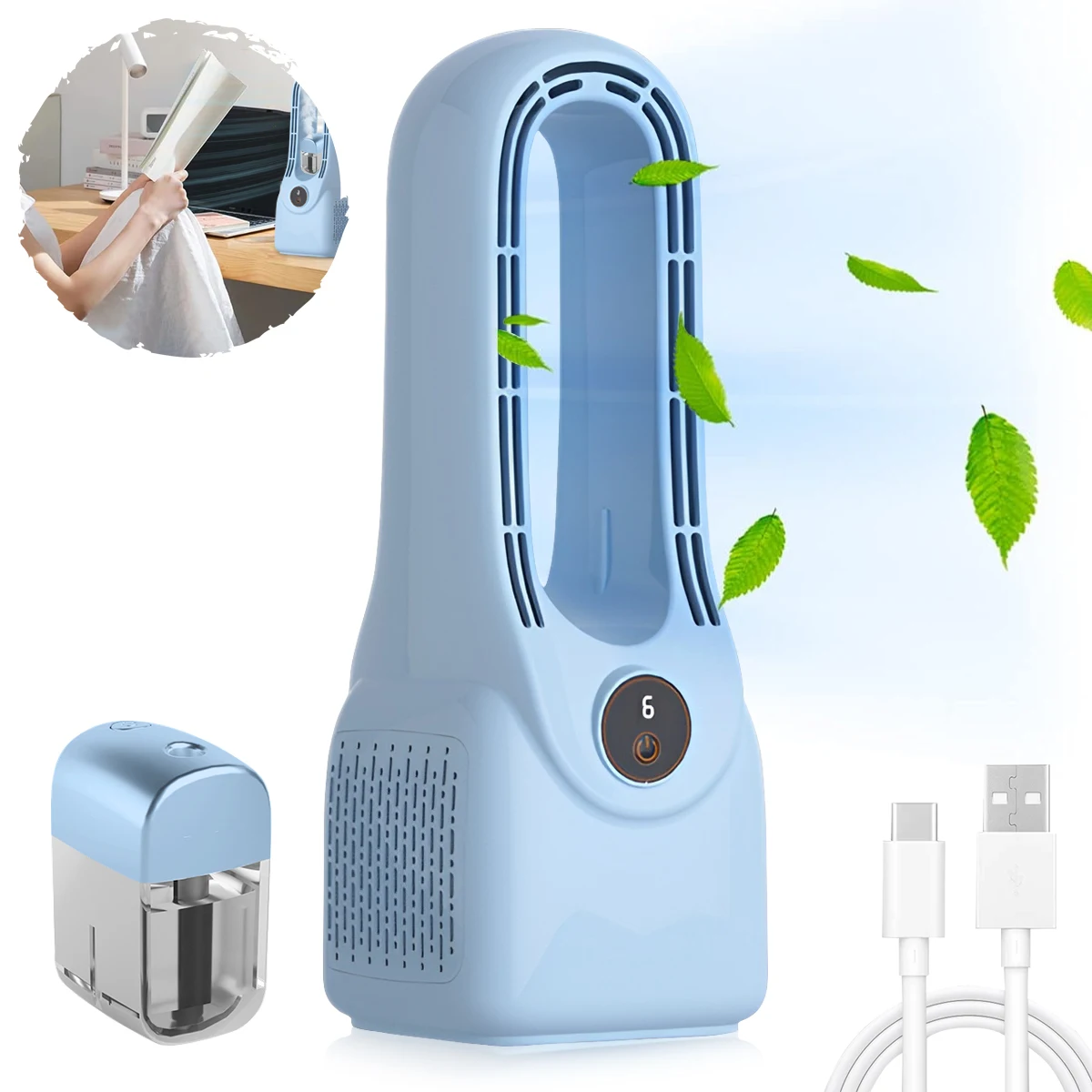 

Leafless Fan Humidifier Mist Fan 1500mAh USB Rechargeable LED Display 6-Speed Adjustment Ideal for Offices & Bedrooms