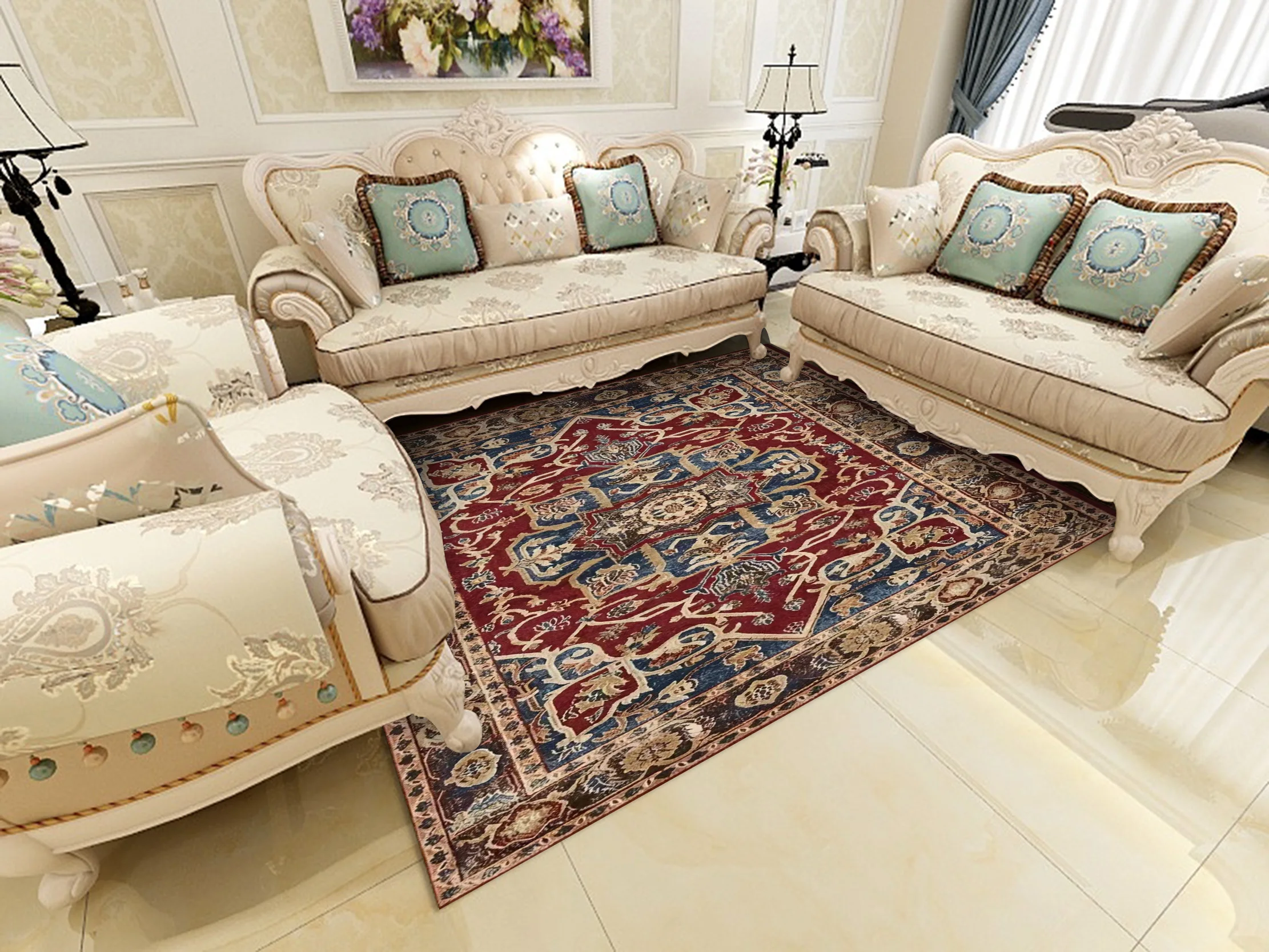 Vintage Persian Living Room Rug, European Ethnic Sofa Table Mat, Classic Tea Table Rug, Ethnic Floor Decor Carpet.