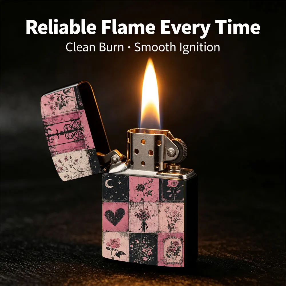Pocket Lighter, Flip-Top Windproof Design, Metal Shell, Retro Patchwork Heart & Floral Pattern, Comfortable Grip, Portable & Durable