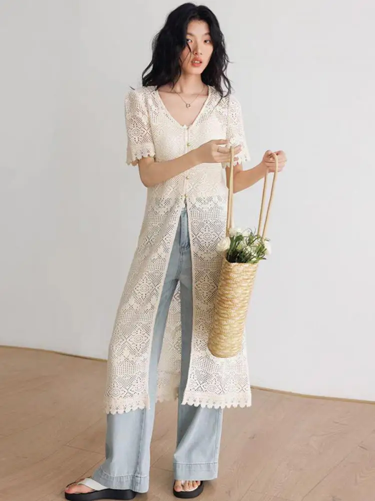 

Summer 2025 Black Lace Hollow Out Sexy Medium Long Tops Beige Long Sleeve Blouses Women Clothing Fashion Single Breasted Shirts