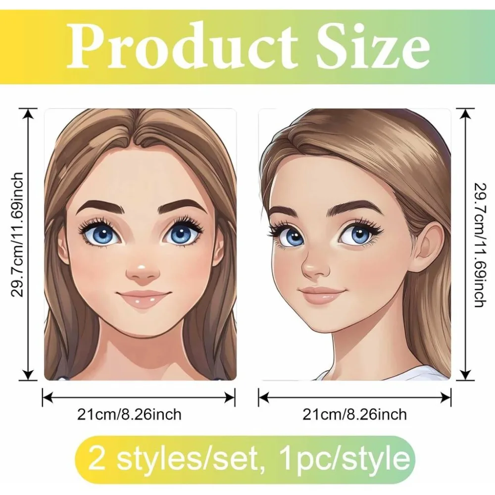 2Pcs 2 Styles Face Practice Boards Face Template for Makeup 12 x 8 Inch Large Big-Eyed Woman Design Reusable Washable Plastic