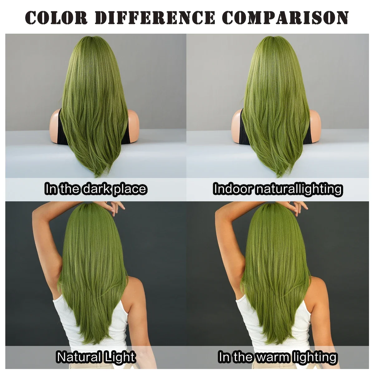 Long Straight Green Wig for Women Natural Synthetic Loose Layered Hair Wigs with Curtain Bangs High Density Vanilla Cosplay Wigs