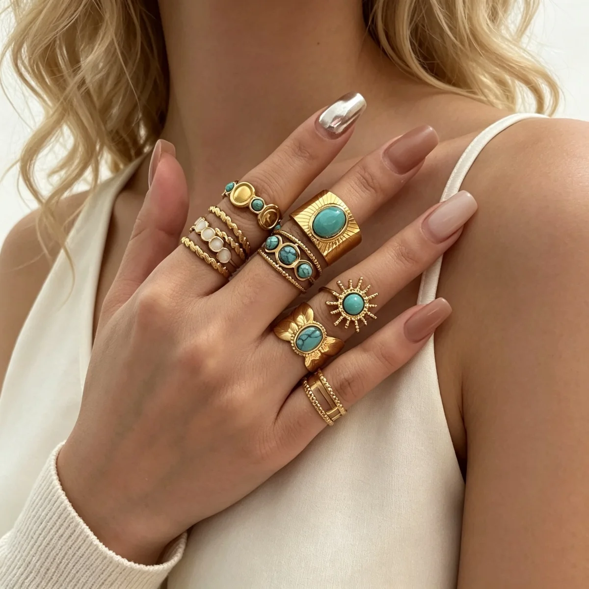 Edelstahl Blau Naturstein Geometrische Fingerringe für Damen und Herren Französischer Vintage Sonnenblumen-Blatt Runder Ovaler Ring Schmuck – Detail 6
