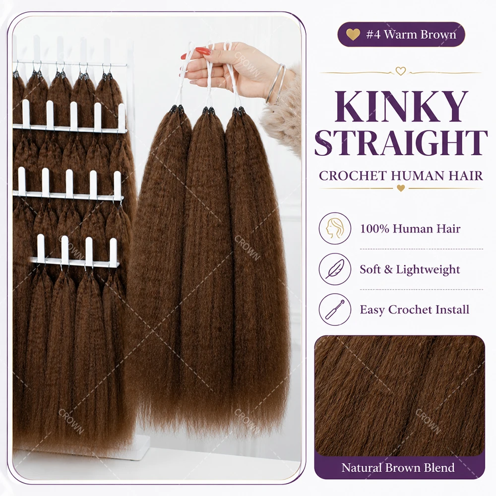 Brown Kinky Straight Crochet Human Hair Pre Looped Afro Yaki Hair Extensions Natural Looking Soft Full Daily Wear For Women