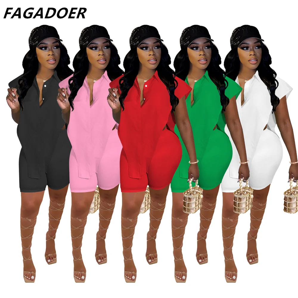 

FAGADOER Sexy Hollow Two Piece Set 2023 Summer Tracksuit Women Side Hollw Out Lapel Shirt + Bodycon Shorts Club Matching Set