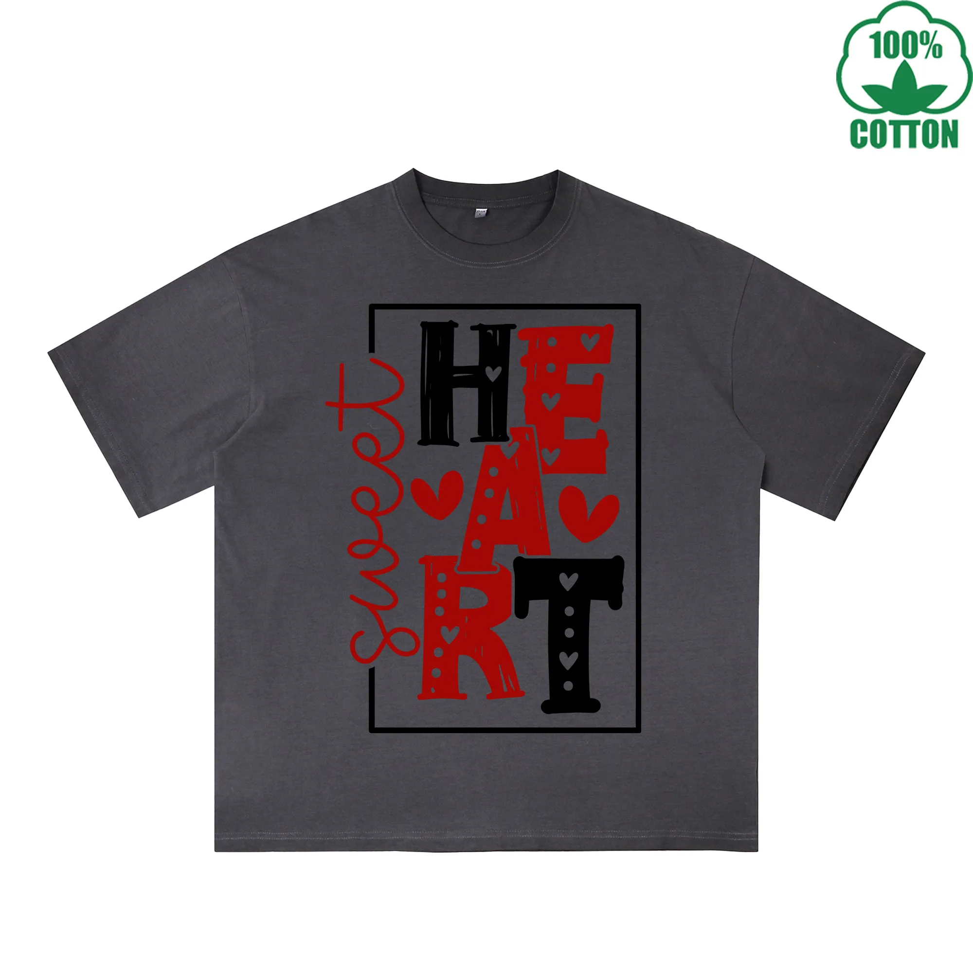 Sweet Heart Printed Dirty Wash T-Shirt 230G Multicolor Loose Trendy Fashionable 100%Cotton Short Sleeve Top