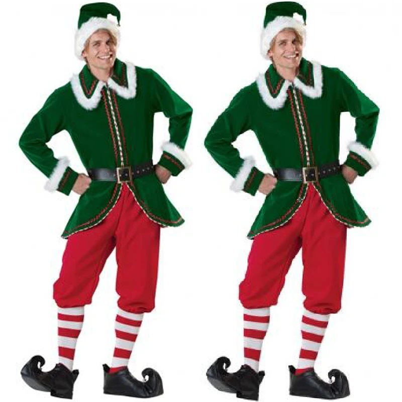 Costume de Père Noël de Noël pour Adultes, Vêtements Cosplay, Robe de Barrage, Vert, Rouge, Trempé, Hommes