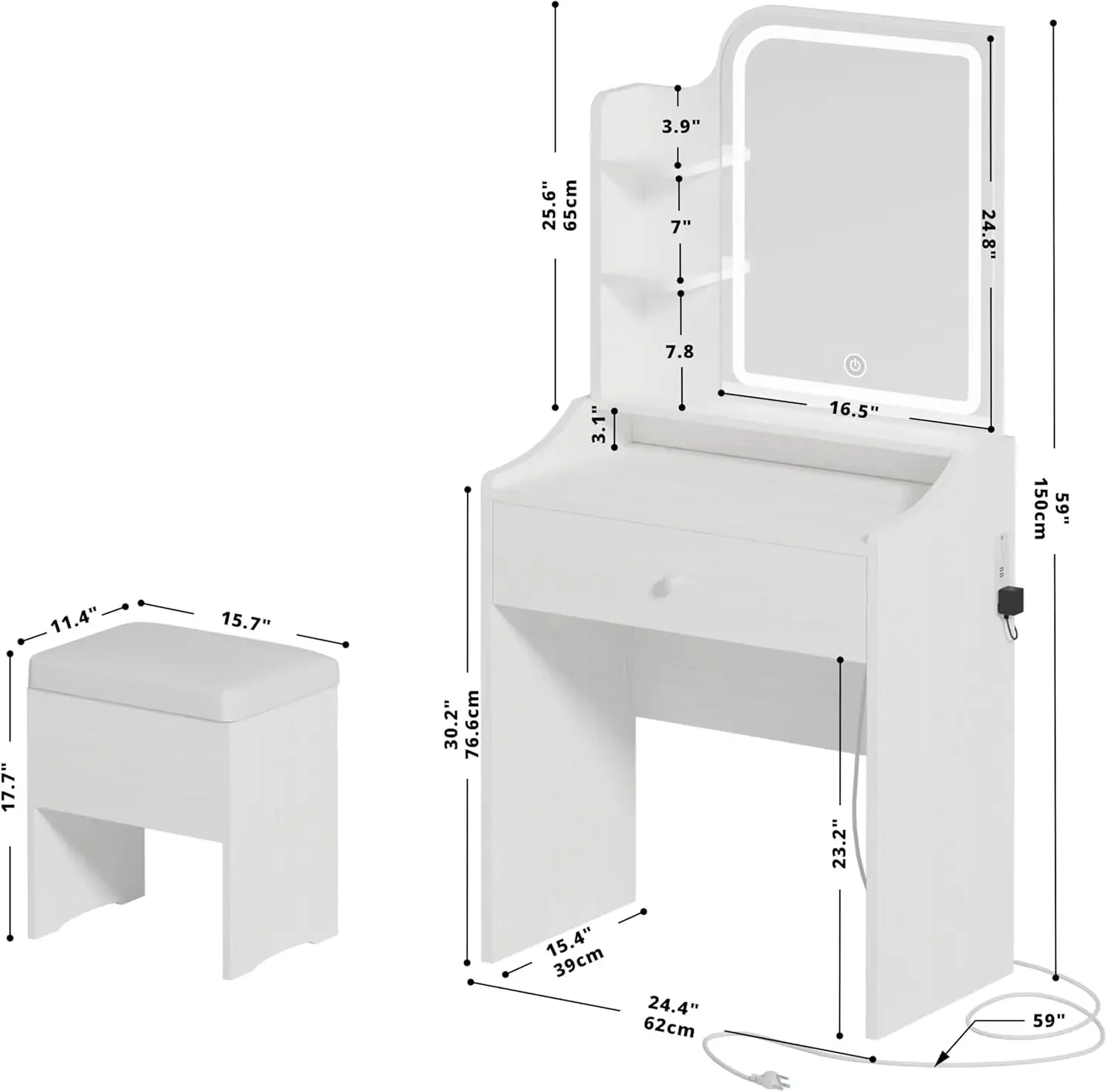 Small Makeup Vanity Desk with Mirror and Lights, Vanity Table Set with Storage Drawer & Chair & 3 Shelves, Bedroom, White