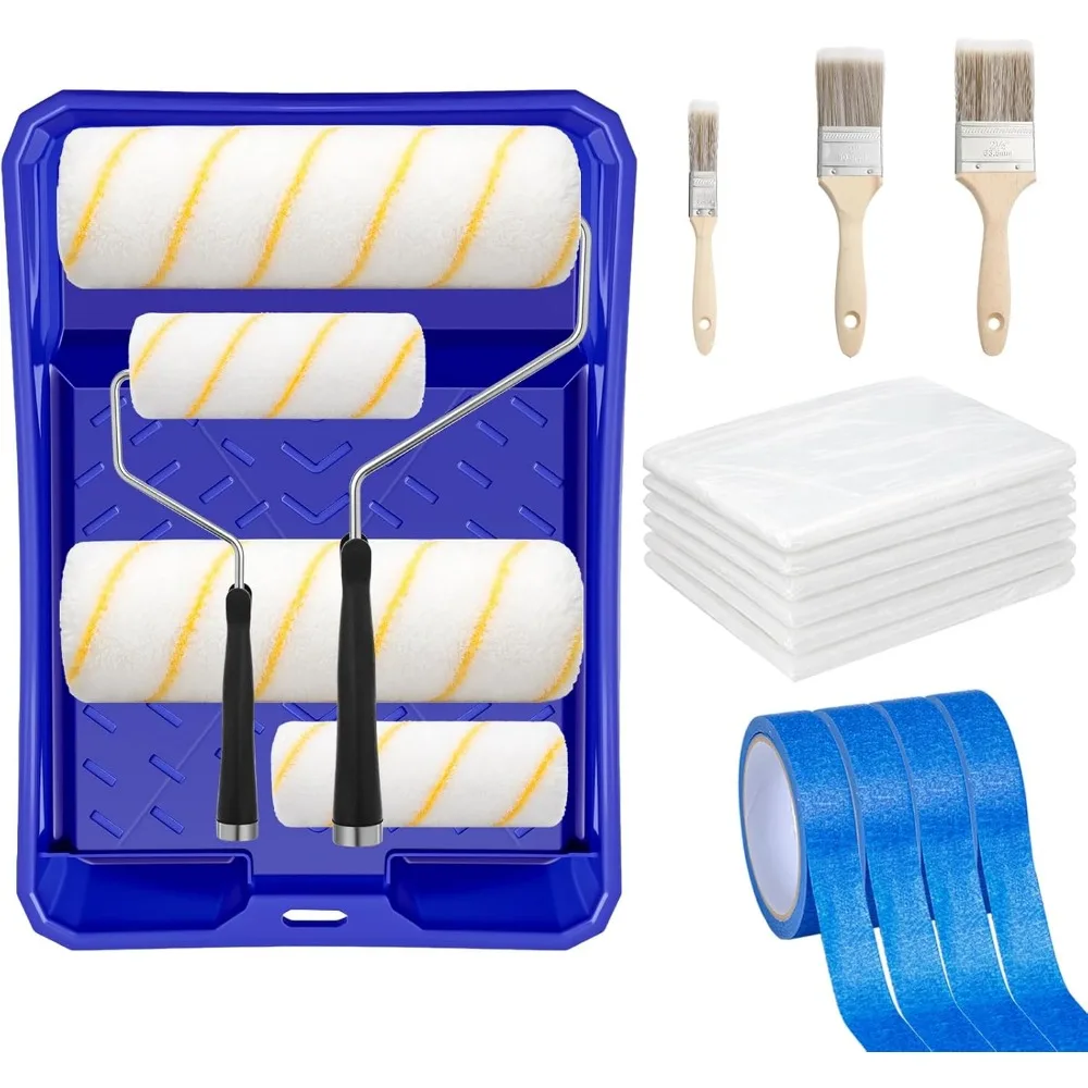 

20 Piece Paint Roller Kit with Tray Brushes Drop Cloths Tape for Wall Furniture Door DIY