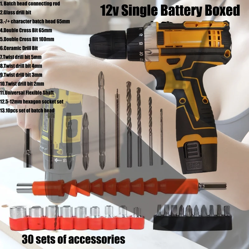 12V 10mmCordless screwdriver Electric drill  Set 31 Pieces Cordless Handle Electric Screwdriver Lithium Battery Power Tool