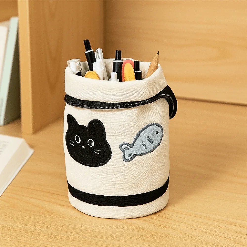 Desktop Storage Cartoon Cat Stationery Bag Water Cup Shape Large Capacity Handheld Pen Container Korean Style Aesthetic