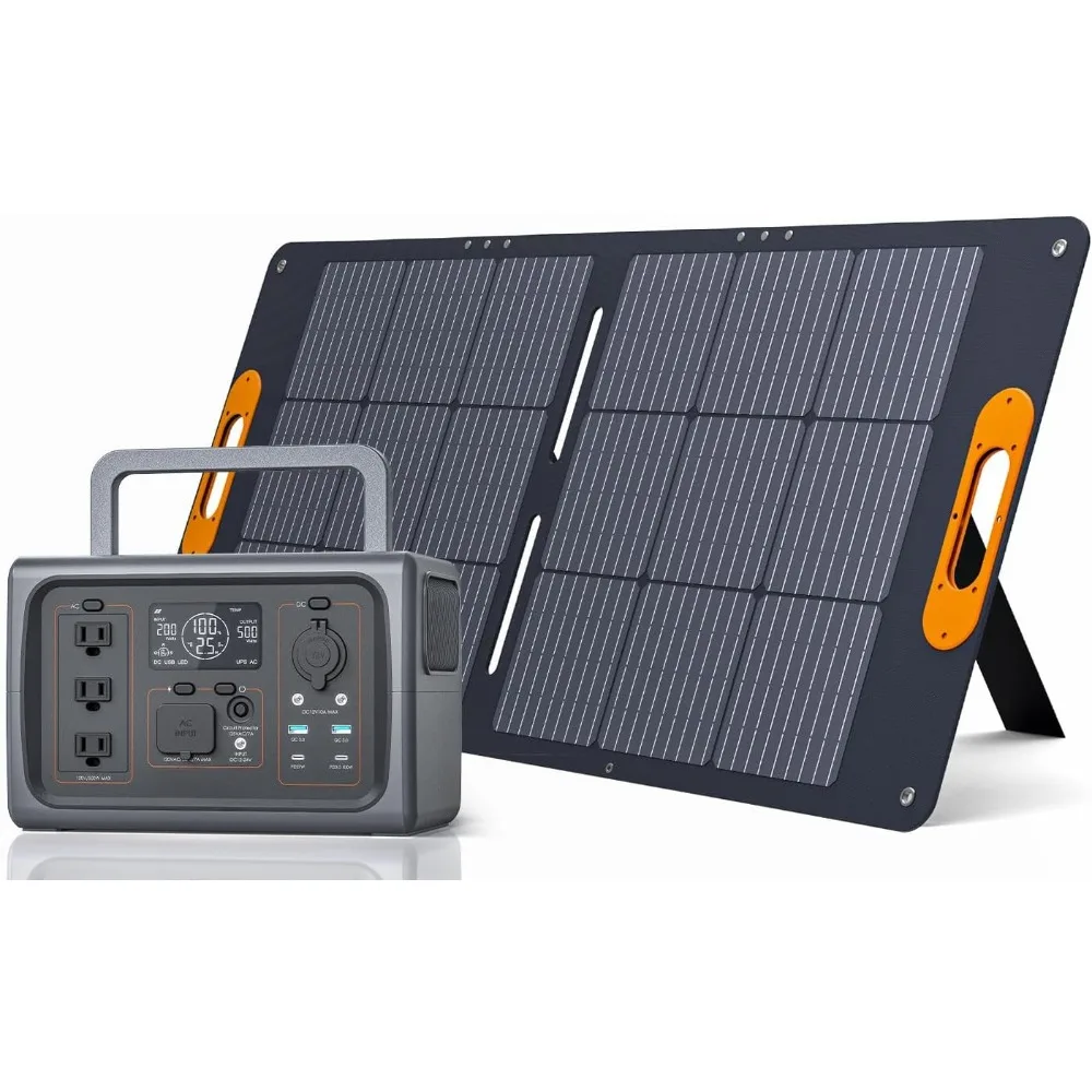 500W LiFePO4 Solar Generator(Surge 1000W) with 100W Solar Panel, 512Wh Portable Power Station, UPS Function, 3 AC Outlets