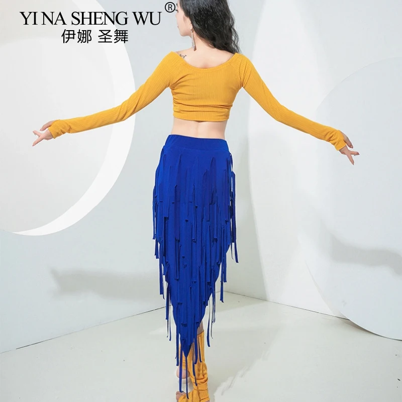 Nova dança latina triangular borlas saia feminina dança do ventre cha-cha dança prática traje saia de dança oriental com calças de segurança