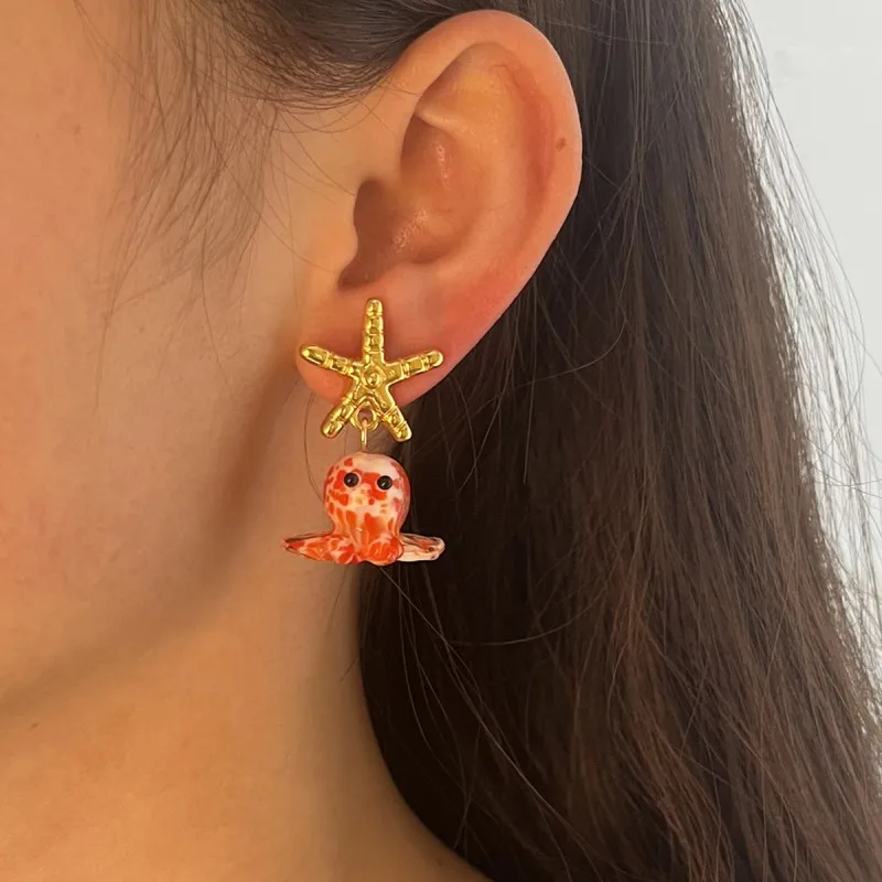 Cute Octopus Earrings Creative Glass Octopus Long Drop Earrings Unqiue Marine Series Design Earrings Wholesale Custom Packaging