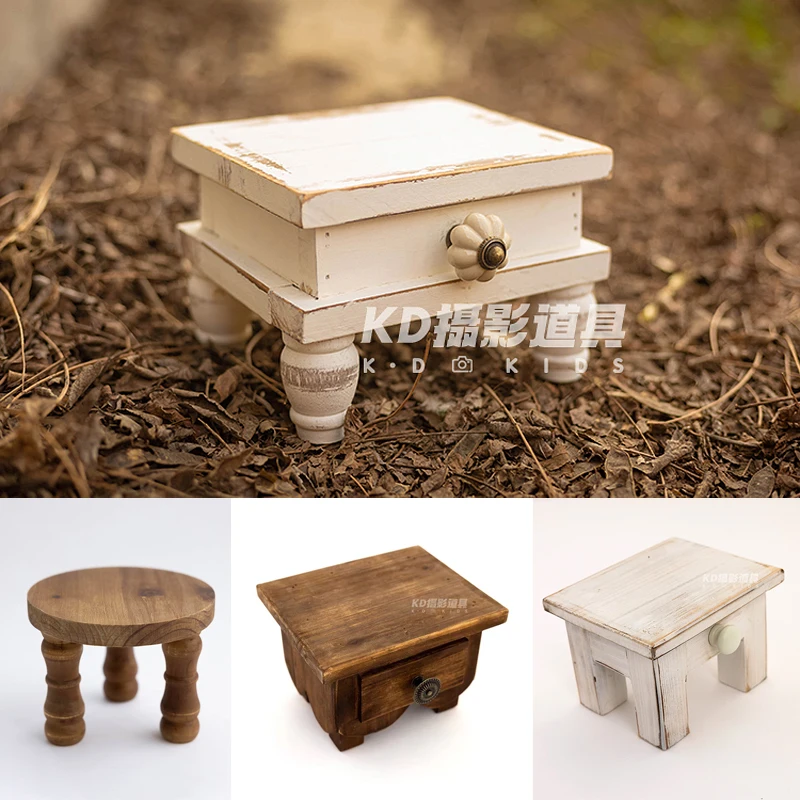 Accesorios de mesa de fotografía para recién nacidos, Mini Mesa de té Retro de madera, taburete redondo, luna llena, decoración de tiro para bebés, accesorios de estudio