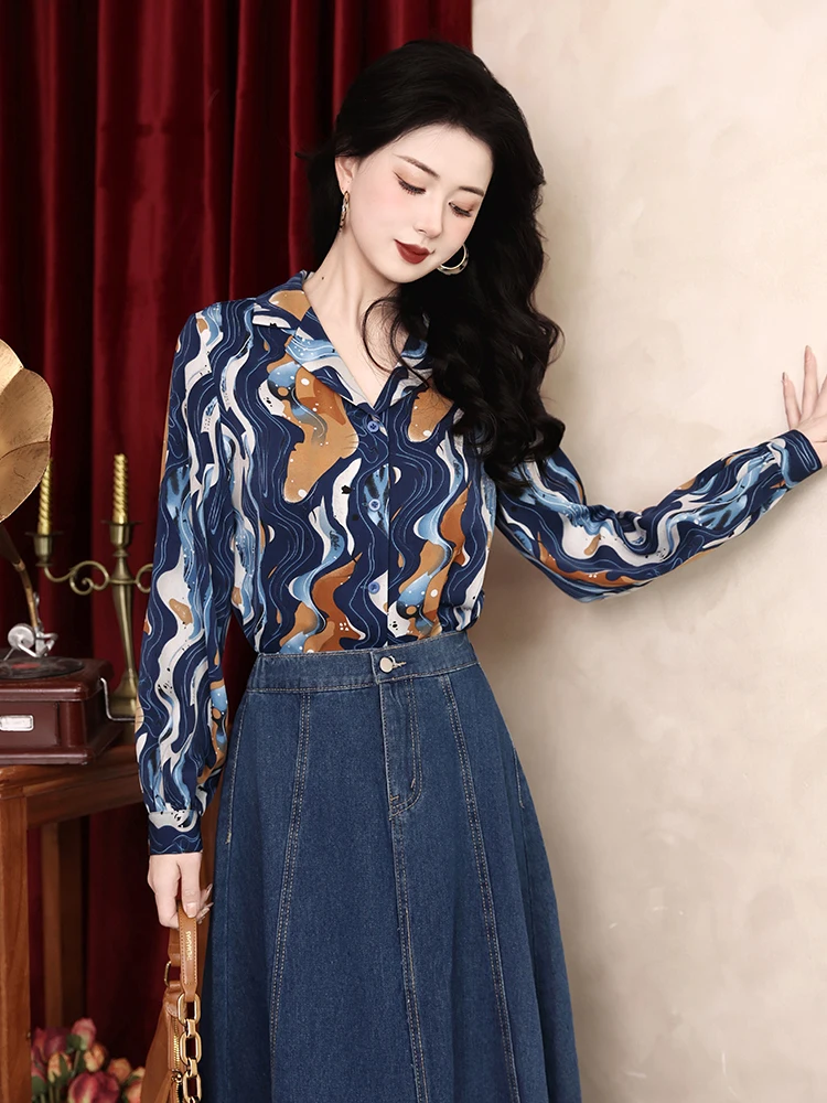 

Ретро-блузка с длинным рукавом и V-образным вырезом, с цветочным принтом, женская, свободного кроя, весенне-осенняя, модная, элегантная, Rose Harbor Wind