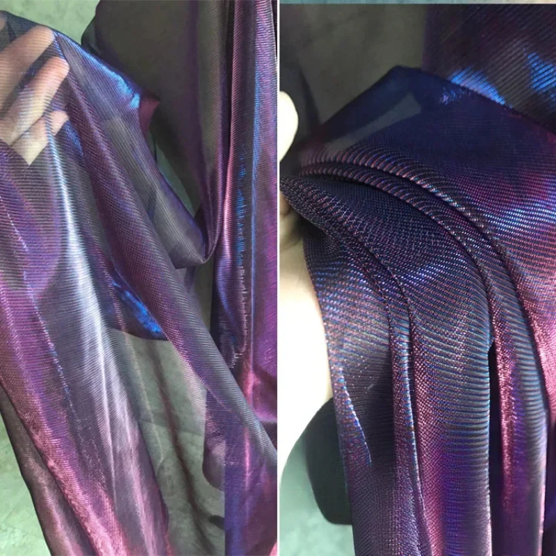 Soft Drape Purple Red Blue Laser Illusion Hollow Mesh Fabric Muscle Lace Dress Color Changing Designer Fabrics