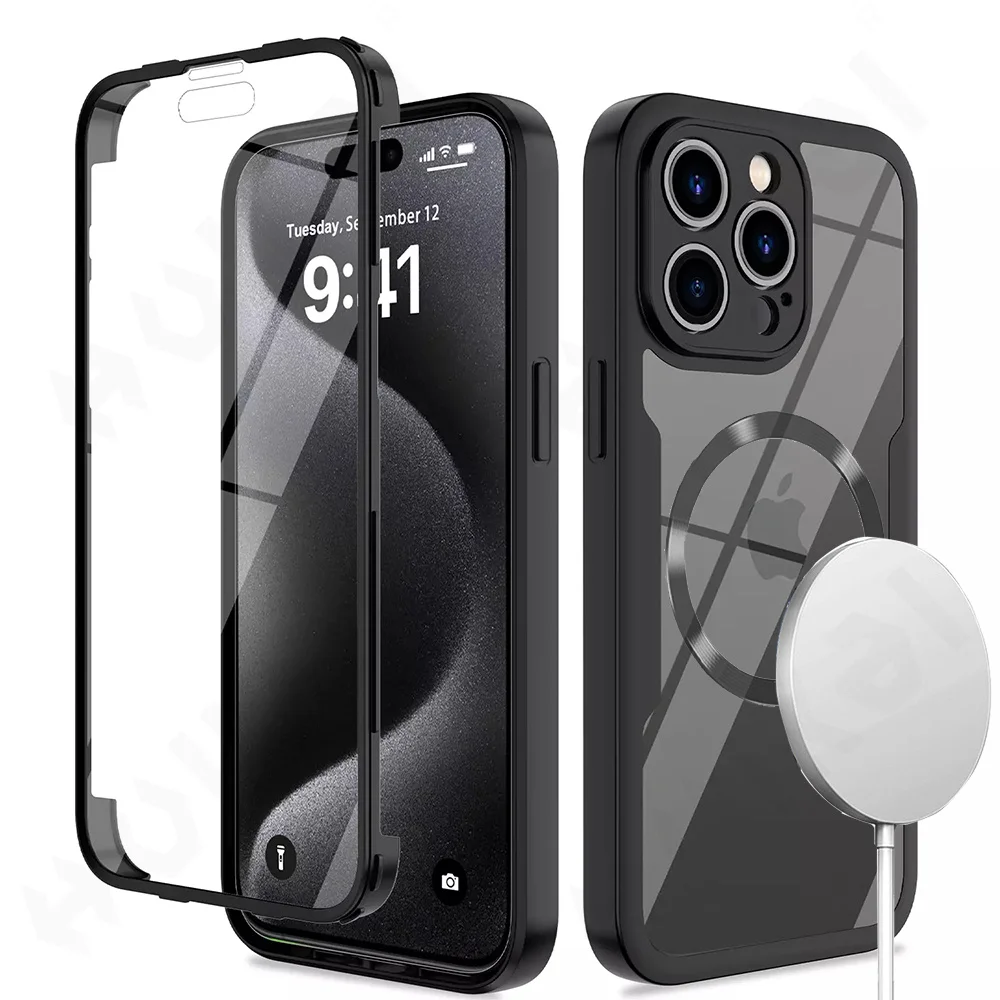 Case For iPhone 15 14 13 12 11 Pro Max Plus XS Max XR 8 7 Plus 2024 360 Full Magsafe body Silicone Screen Protection Phone Cover