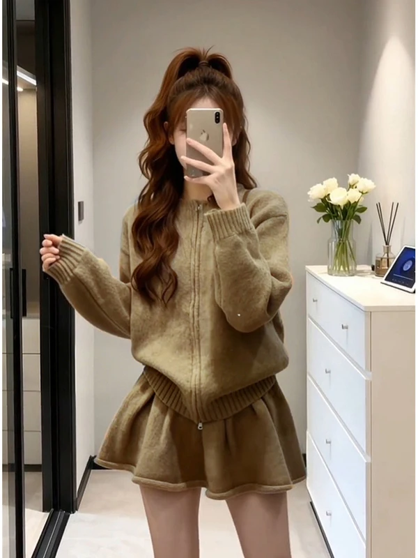 

Autumn Winter New Sle Korean f Zipper Knitted Cardigan Sweater And Skirt Women's Two Piece Set Comfortable Loose Fit