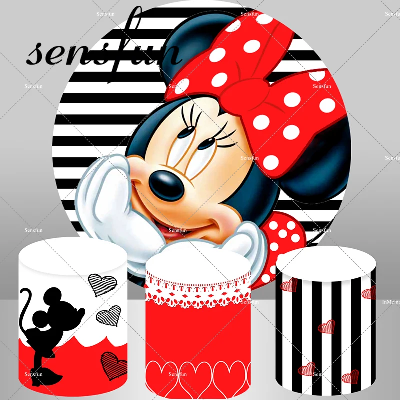 ミニーマウスの女の子のための丸い背景カバー、白と黒のストライプ、誕生日パーティーの背景、かわいいデザートバナー、ベビーシャワー