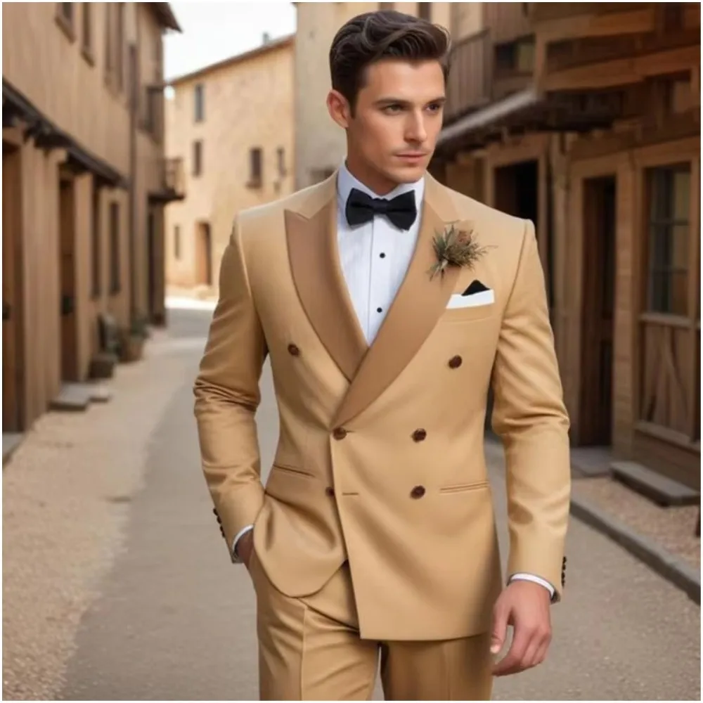 Luxury Double Breasted Men Suits Peaked Lapel 2 Piece Jacket Pants Wedding Groom Bespoke Blazer Formal Party Full Set For Male