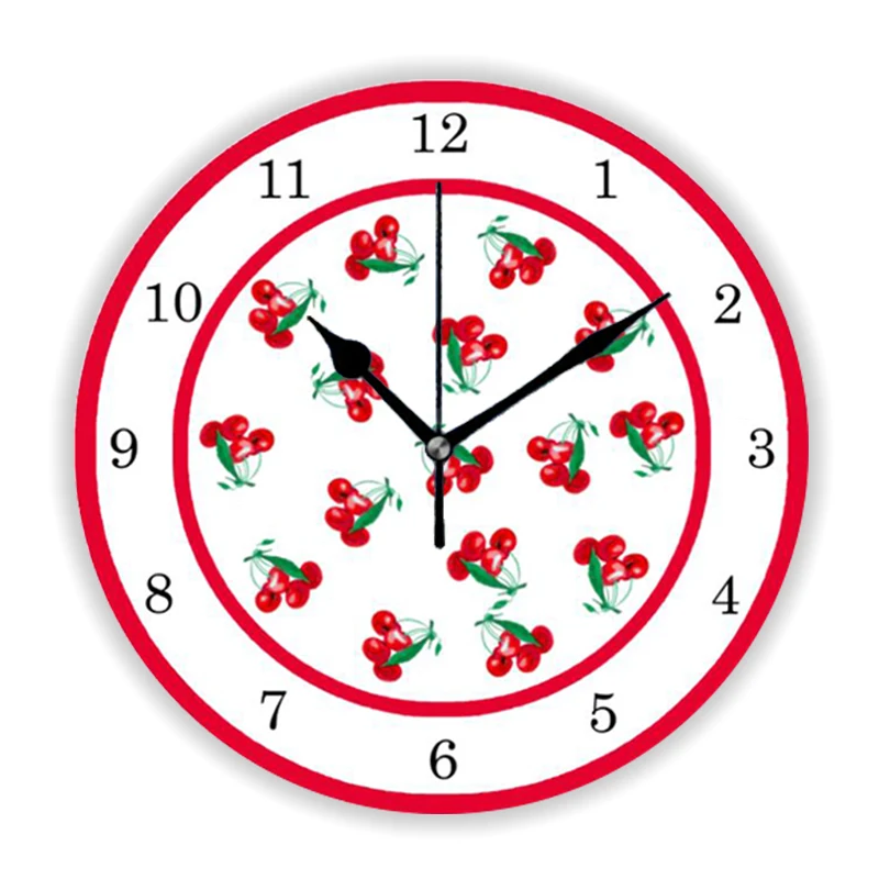 Chic Minimalist Red Cherry Decorative Wall Clock for Living Room Kitchen Berry Fruit Cherries Wall Watch for Cherry Lover Gift