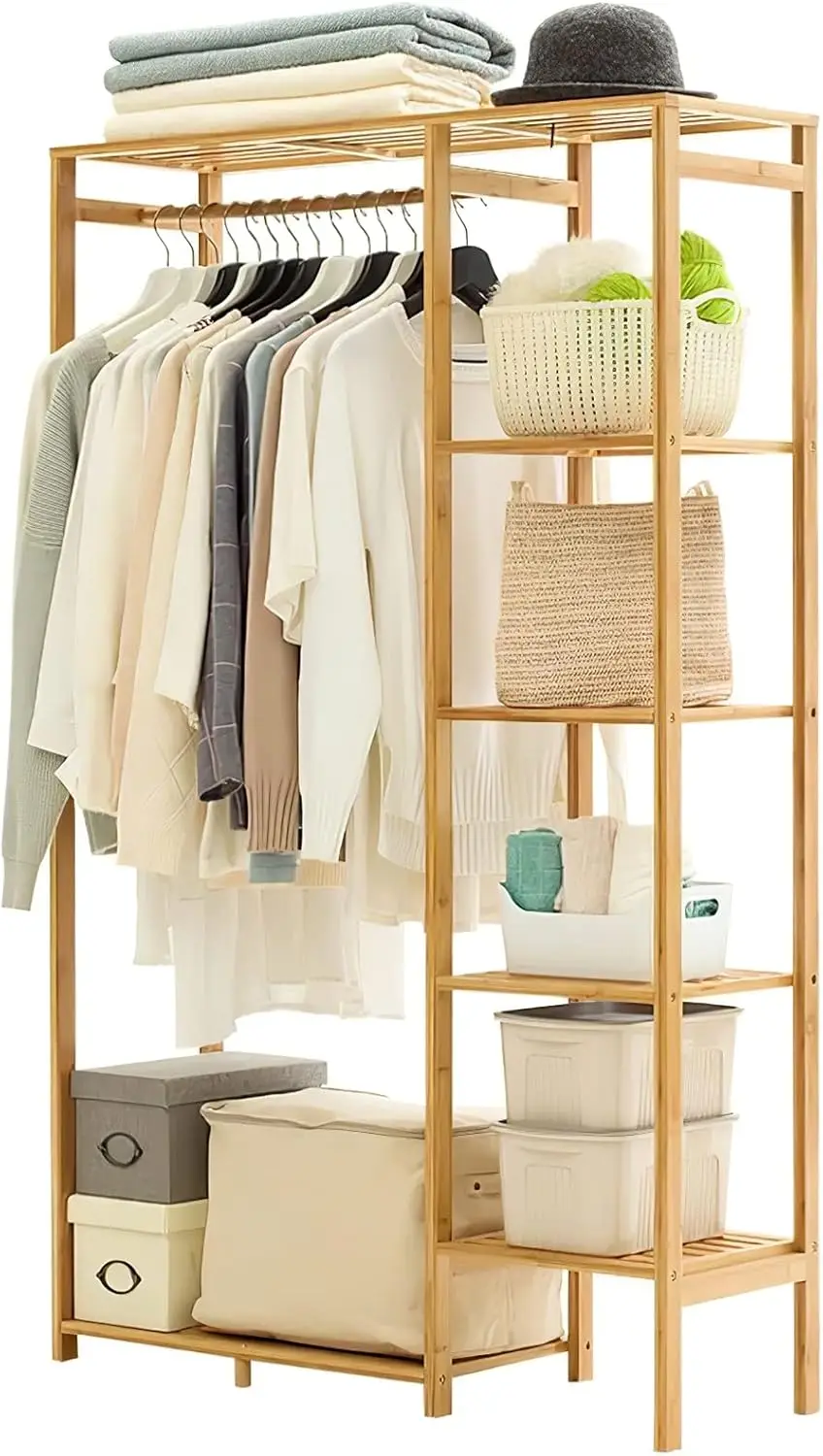 

Bamboo Clothing Rack with 6 Tier Shelf Multifunctional Garment Organizer Wardrobe Closet for Guest Room Baby Bedroom Entryway