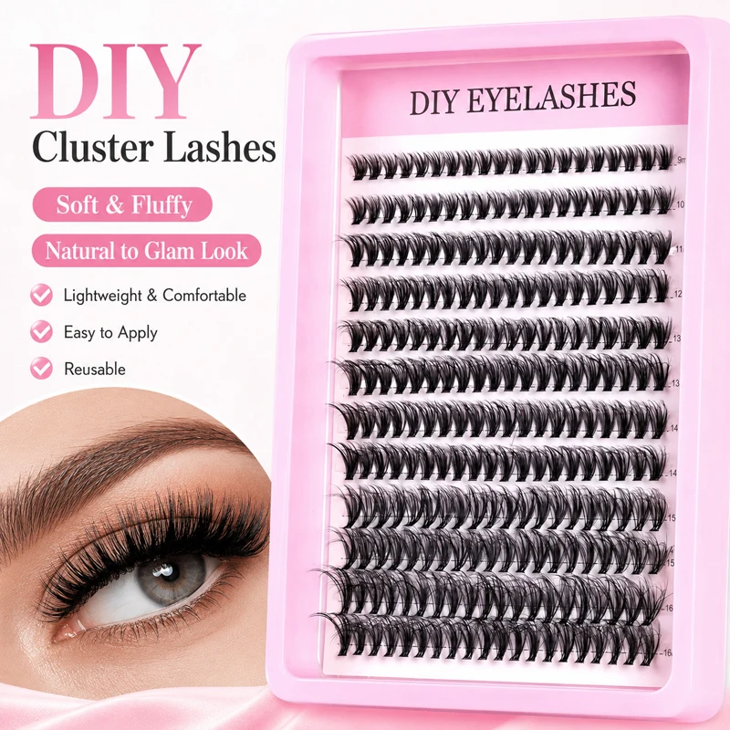 DIY Cluster Lashes 9-16mm Mixed Length Individual False Eyelashes Wispy Fluffy Reusable Natural Glam Lash Extensions for Women
