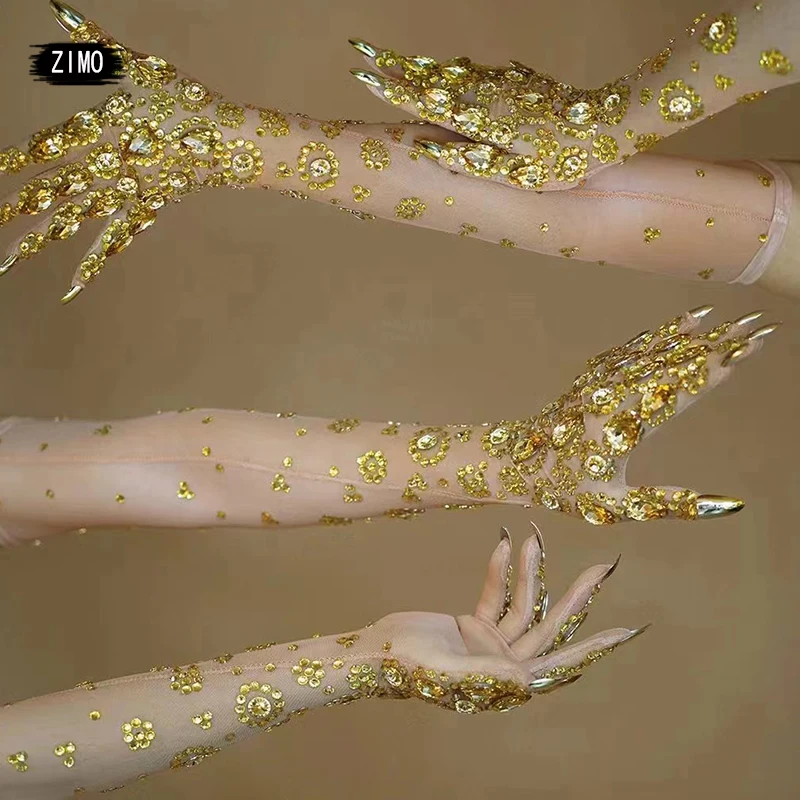 New fashion long gloves gold Big crystal designer rhinestones diamond women wedding accessories party Dancer stage show singer