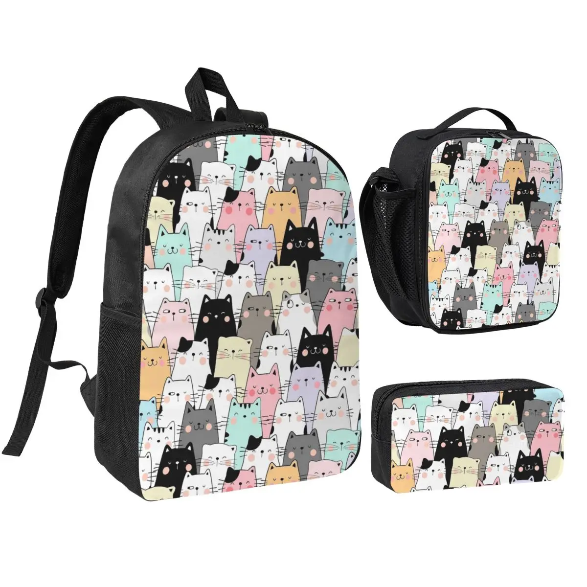 Cute Kitten Cat Cartoon Pattern Backpack Student BookBag School Bag Shoulder Bags 3ps Insulated Lunch Bag Pencil Case