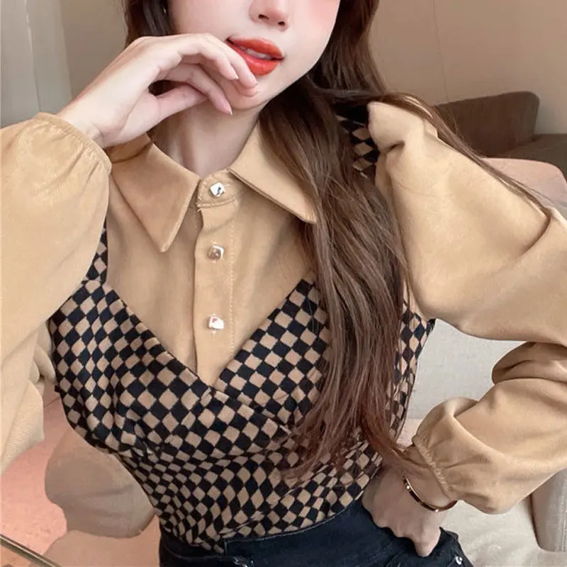 

Fake Two Pieces Plaid Patchwork Blouse Female Clothing Slim Spring Autumn New Polo-Neck Stylish Button Commute Long Sleeve Shirt