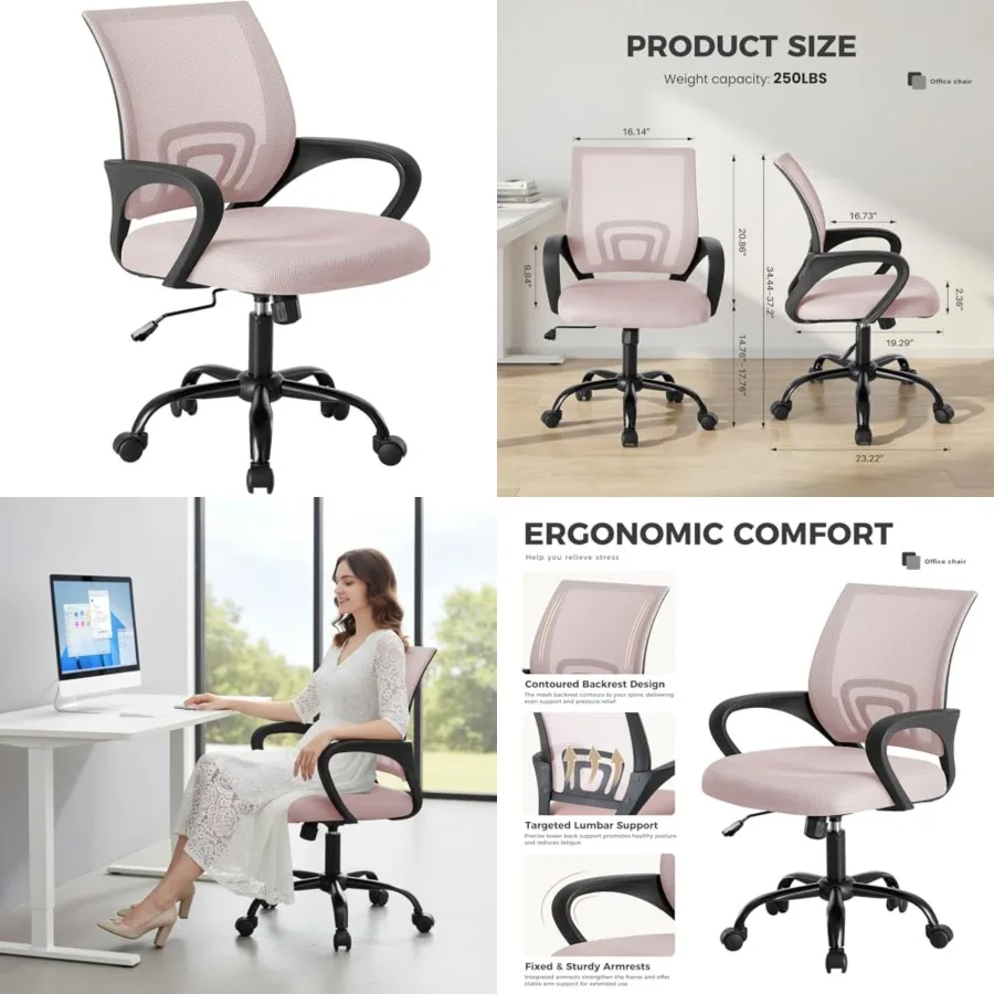 

Office Desk Chair - Ergonomic Mid Back with Lumbar Support and Rocking Mode, Height Adjustable with Fixed Armrest, Storage Back