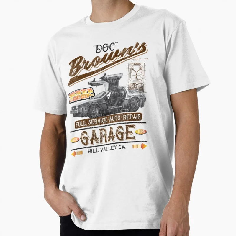 

Doc Brown's Auto Repair Garage DeLorean Car Back To The Future Sic Fi t shirt Retro Time Machine Graphic Clothes All size Tops