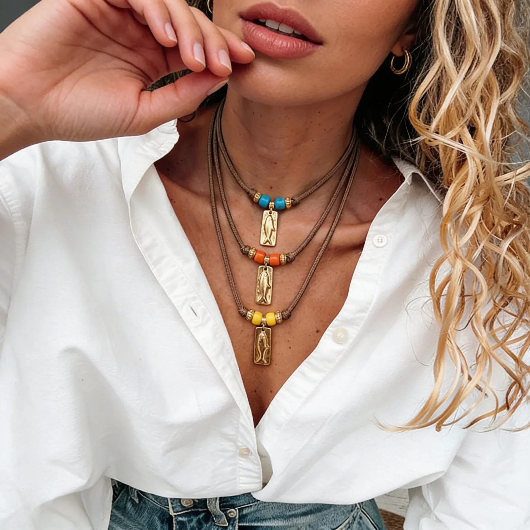 2026 Bohemian Ocean Little Fish Turquoise Pull-Adjustable Tarot Guardian Pendant Necklace Simple Vintage Women's Jewelry