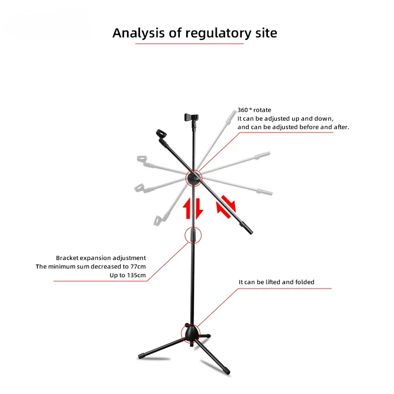 NB-107 Microphone Floor Telescopic Lifting Tripod Multifunctional Microphone Outdoor Vertical Support for Mobile Broadcast