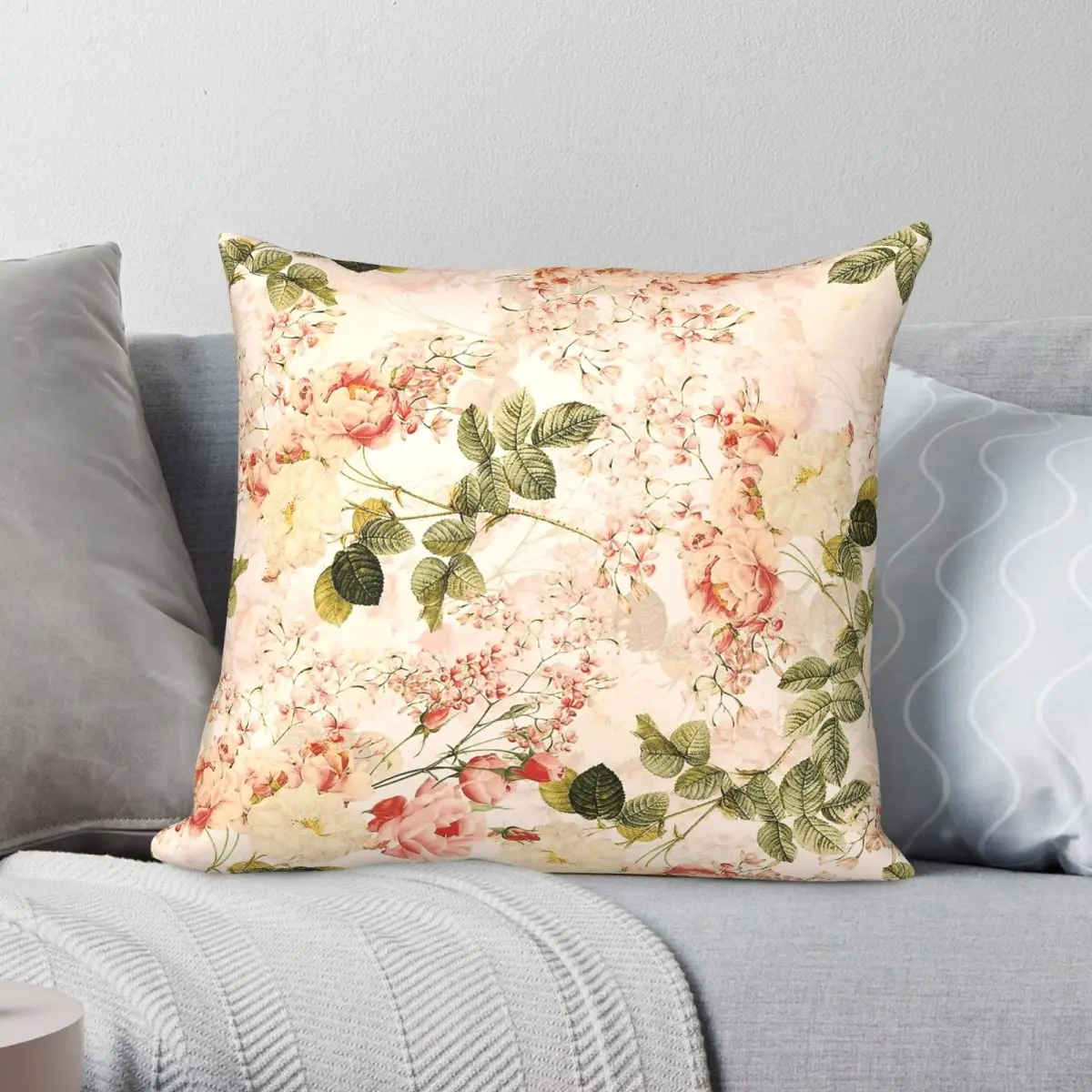 Peach Roses Botanical Garden Pillowcase Polyester Linen Velvet Creative Decor Throw Pillow Case Sofa Seater Cushion Cover 18