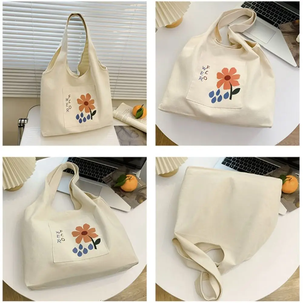 

Cute Korean Style Flower Tote Bag Versatile Handbag Canvas Shoulder Bag Large Capacity Sweet Women's Armpit Bag Girls