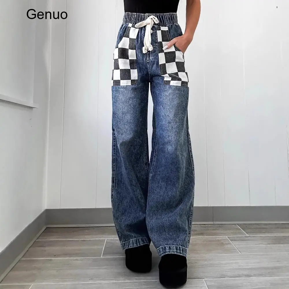 2026 Check Patchwork Drawstring Wide Leg Denim Jeans Loose High Waist Contrast Pocket Streetwear Jean Pants