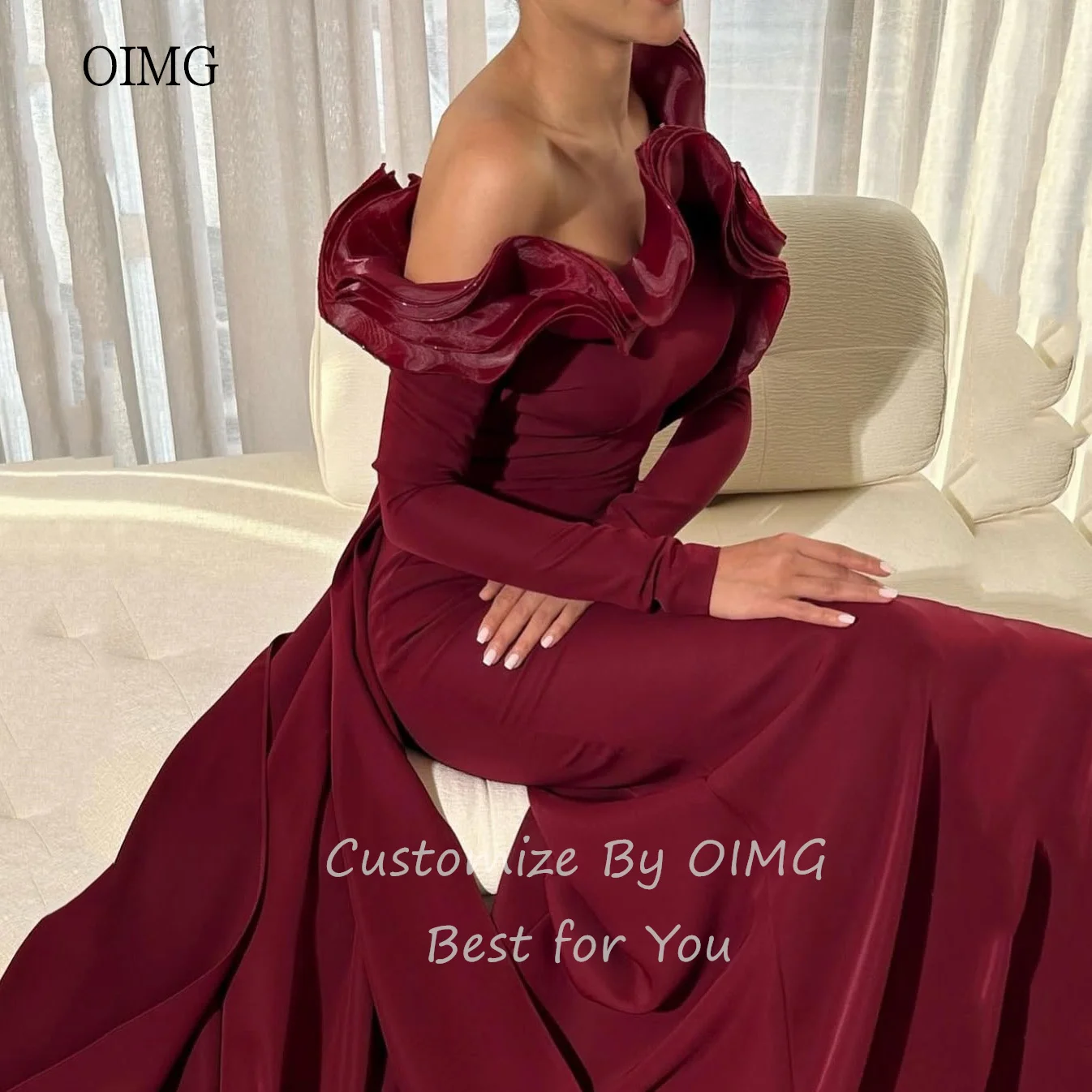 OIMG Elegant Mermaid Formal Prom Gowns Off The Shoulder Evening Dress Floor Length Side Trailing Women Party Dresses Customized