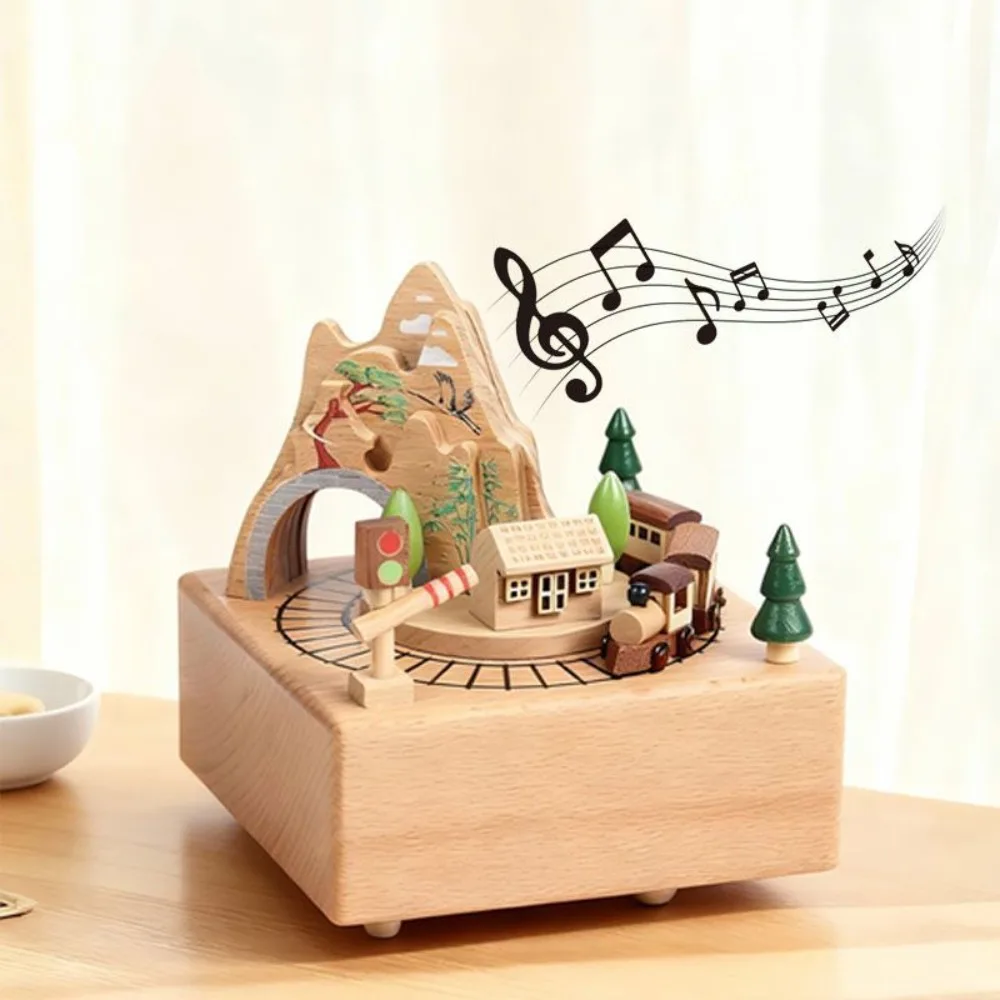 Solid Wood Music Box, Rotatable Train Through Cave, Handmade Beech Wood Musical Box, Home Decor Ornament, Holiday & Birthday Gif