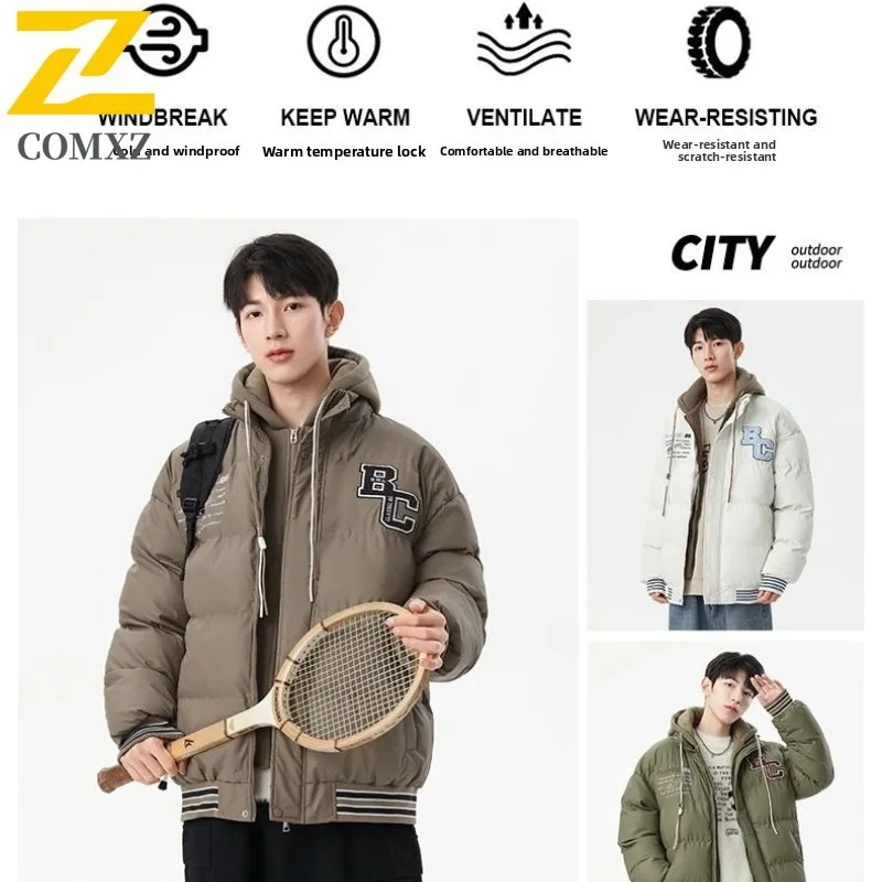

COMXZ 2025 Men Padded Jacket Trendy Lightweight Windproof Cold Proof Warm Ski Cotton Padded Jacket Travel Hooded Padding Coat