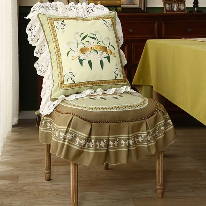 Fashion French Pastoral Style Plush Chair Sitting Cushion Light Luxury Home Decoration Ruffle Hollow Out Lace Anti Slip Straps
