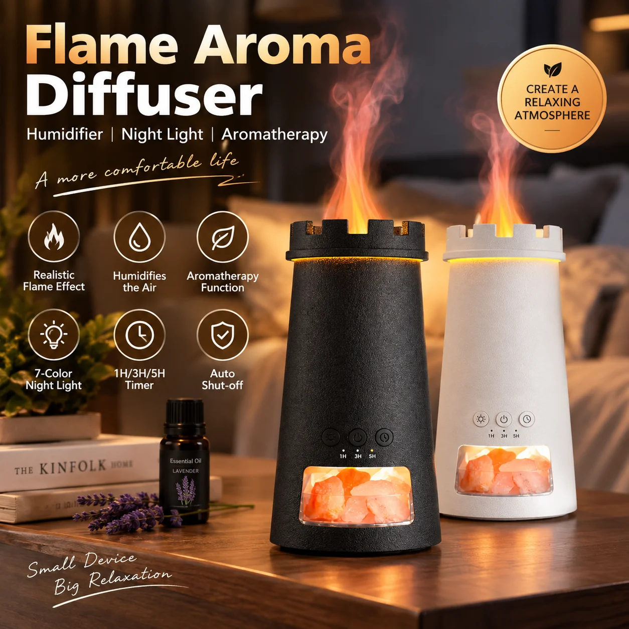 USB Flame Aroma Diffuser Humidifier 7 Color Night Light Essential Oil Diffuser Mist Humidifier Salt Stone Design For Office Home