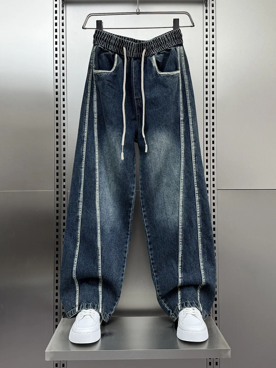 Retro American Deserted Style Men's Jeans Faded Washed Wide Leg Resistant to Wear Extra Size plus Size Comfortable Straight Cut