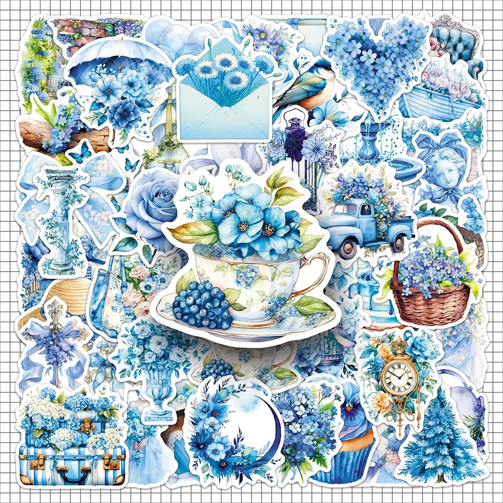 10/30/50 Stück INS-Style Blaue Garten-Aufkleber Ästhetische Blumen-Cartoon-Sticker Spielzeug DIY Handyhülle Schreibwaren Tagebuch Niedliche Aufkleber