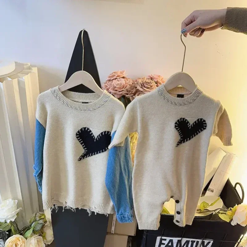 Fashion Family Matching Sweater Autumn Winter Father and Son Knitted Top Mother Daughter Jumper with Hearts Infant Knit Romper