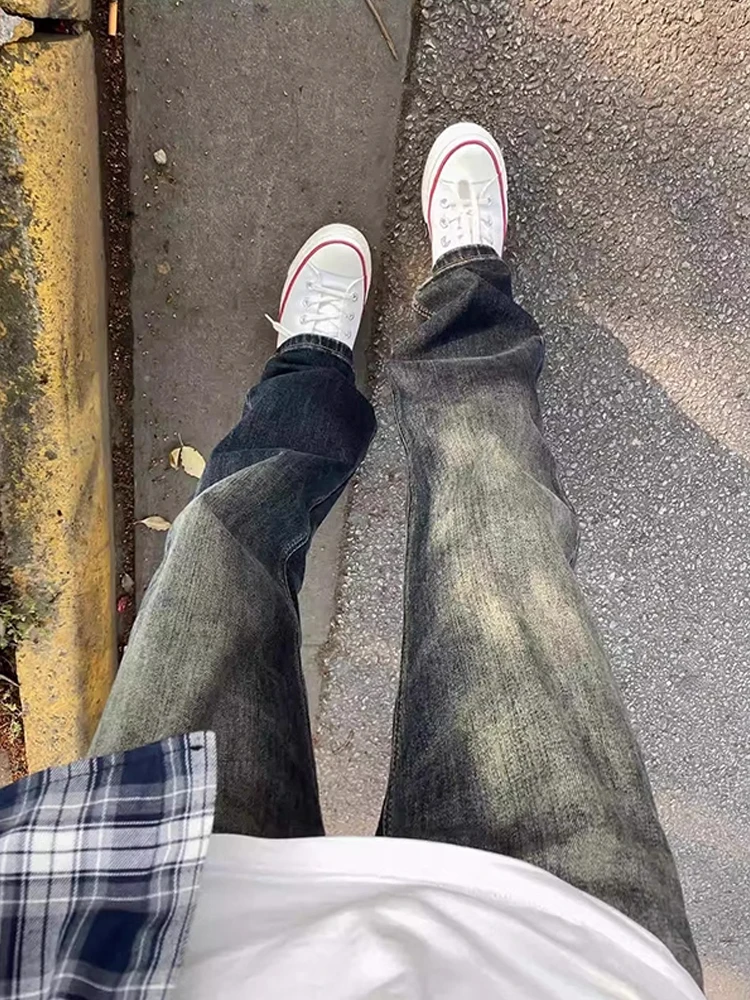 

Retro American Blue Jeans Men's Waed Slim Straight Leggings Cleanfit Narrow Version Micro Flared Pants Youth Summer Faion