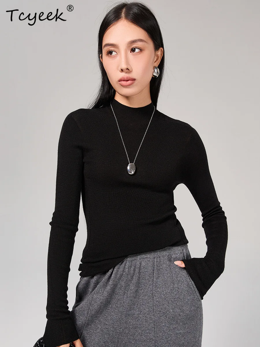 

Tcyeek 18G 10% Silk 90%Sheep Wool Sweaters Long Sleeve Mock Neck Seamless Knit Basics Pullovers Woman Autumn Winter T39413QM