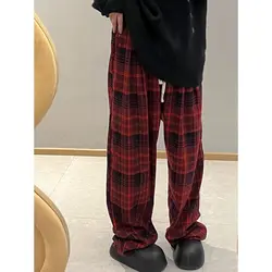 Brushed Retro Red Checkered Wide Leg Casual High Waisted Straight Leg Women's Autumn Winter New Korean Loose Show Weight Pants
